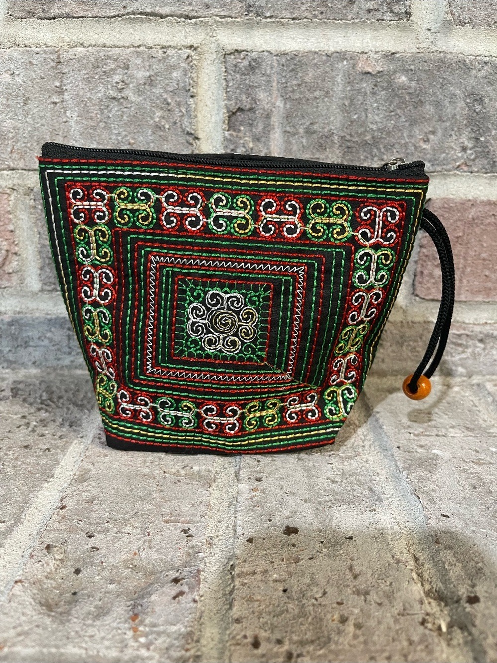 Hand-Embroidered Black Cosmetic Pouch with Green & Red Accents